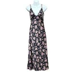 Zara slip dress black floral satin maxi midi Small lace bias cut